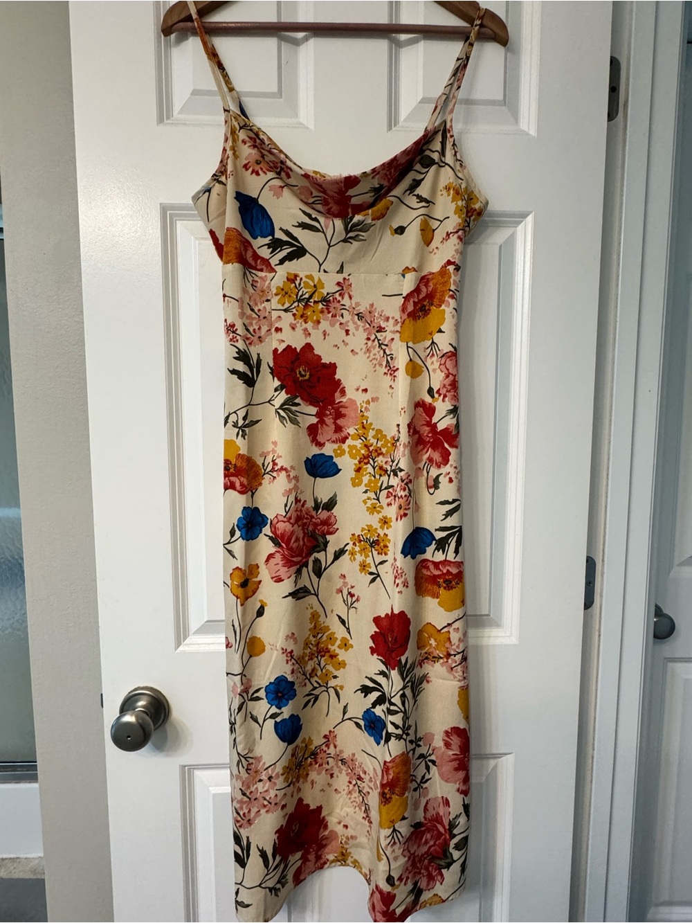 RIHOAS Cream Slip Midi Dress with Red, Blue & Yellow Floral Print